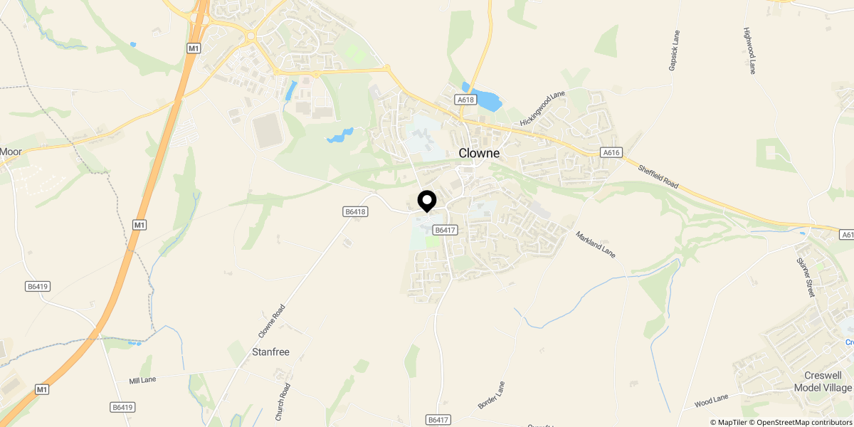Approximate location of Crown Street, Clowne, Chesterfield, S43 4DL