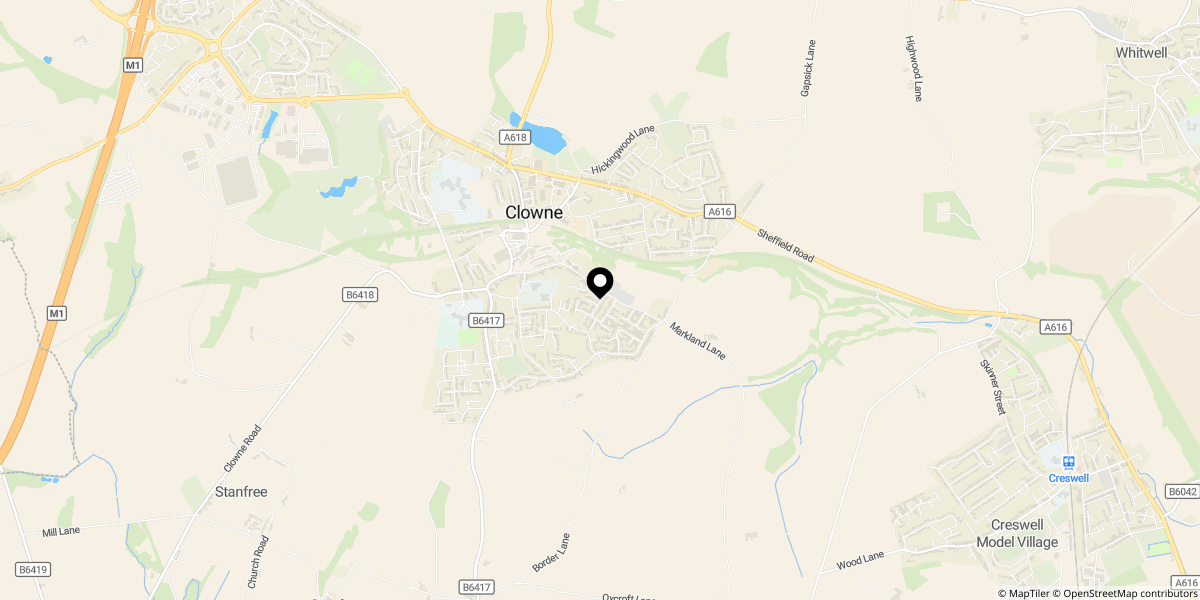 Approximate location of Meadow View, Clowne, Chesterfield, S43 4LP